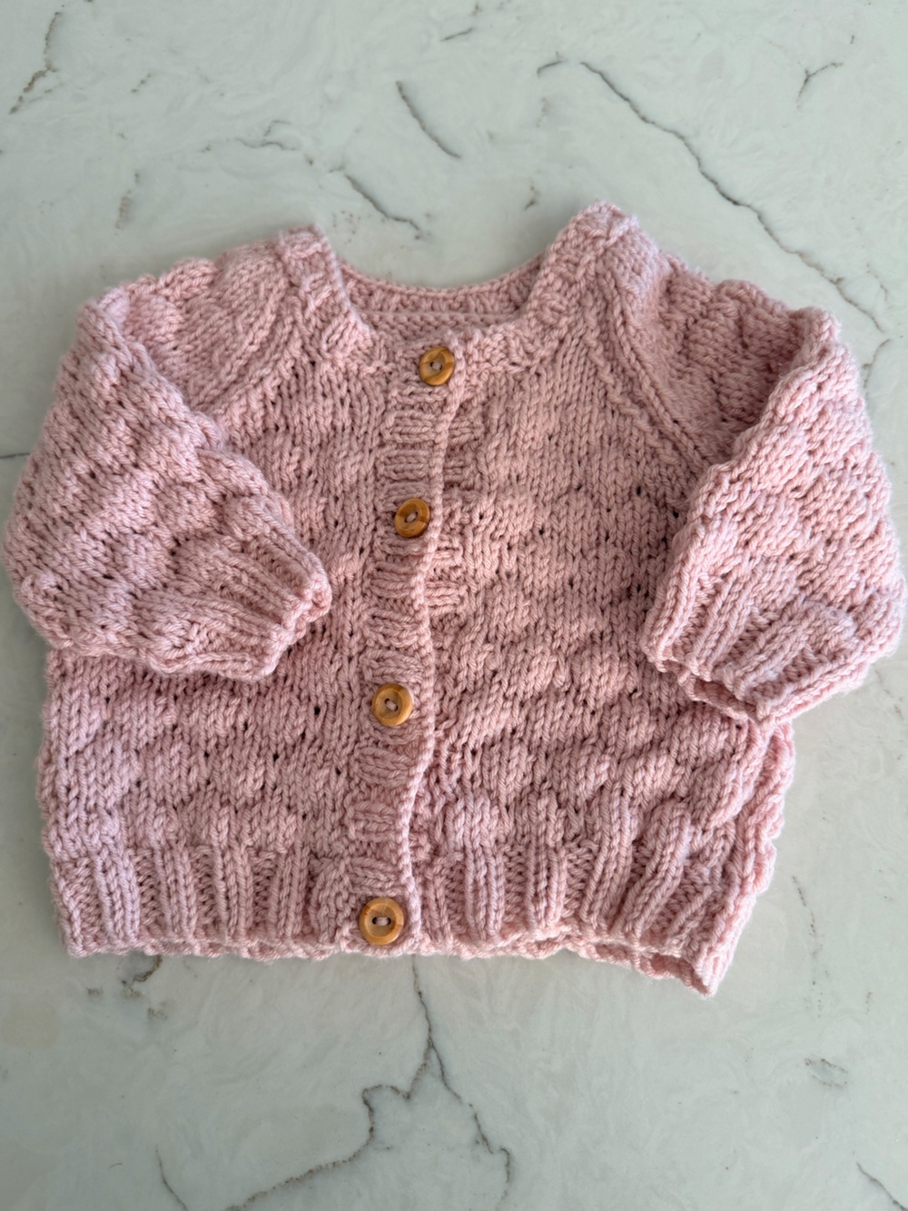 Classic Pink Hand-Knit Baby Cardigan with Wooden Buttons